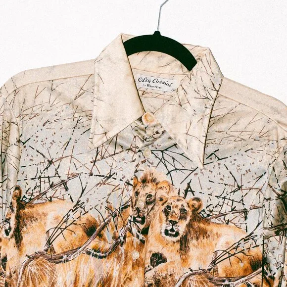 Vintage 70s Oleg Cassini by Burma Butterfly-Collar Disco Shirt – Lion Scene - Picture 3 of 5
